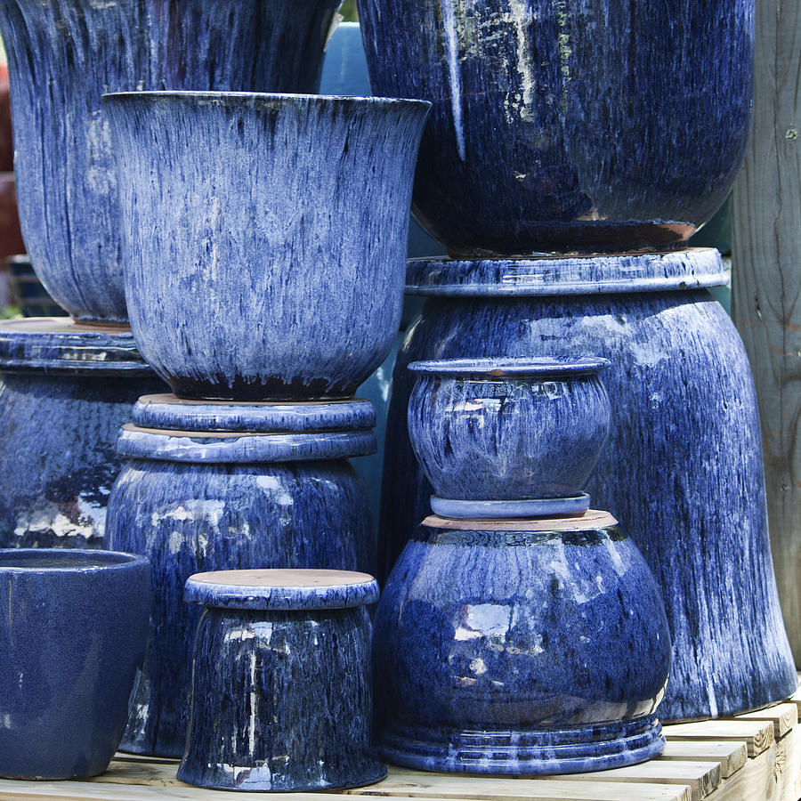 Pot Photograph - Blue Pots Squared by Teresa Mucha