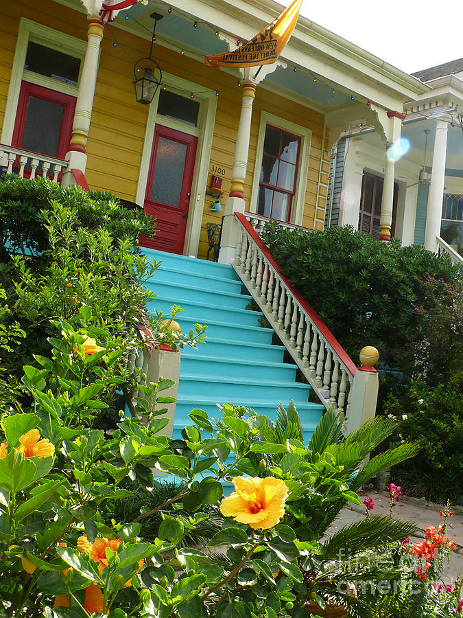 Blue Stairs Yellow House Photograph by Jeanne  Woods