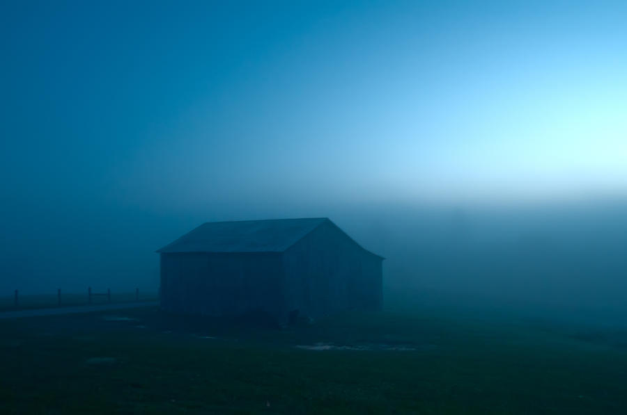 Blue Tobacco Barn Fog Photograph by Randall Branham