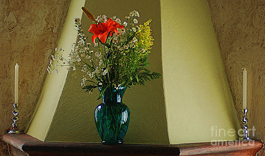 Blue Vase With Orange Flower Digital Art by John  Kolenberg