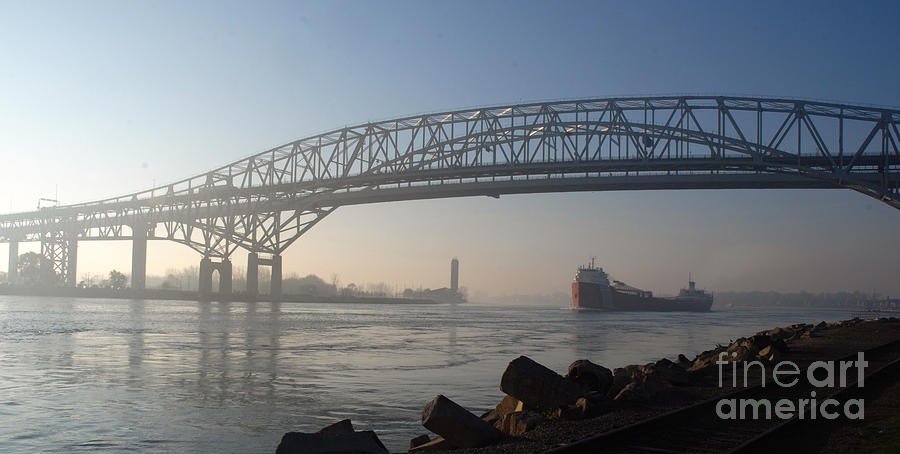 Blue Water Bridges and Ship Headed North Photograph by Ronald Grogan