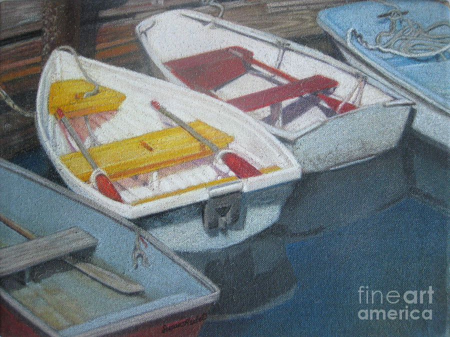 Blue Yellow and Red Boats Tremont Maine Painting by Susan Herbst
