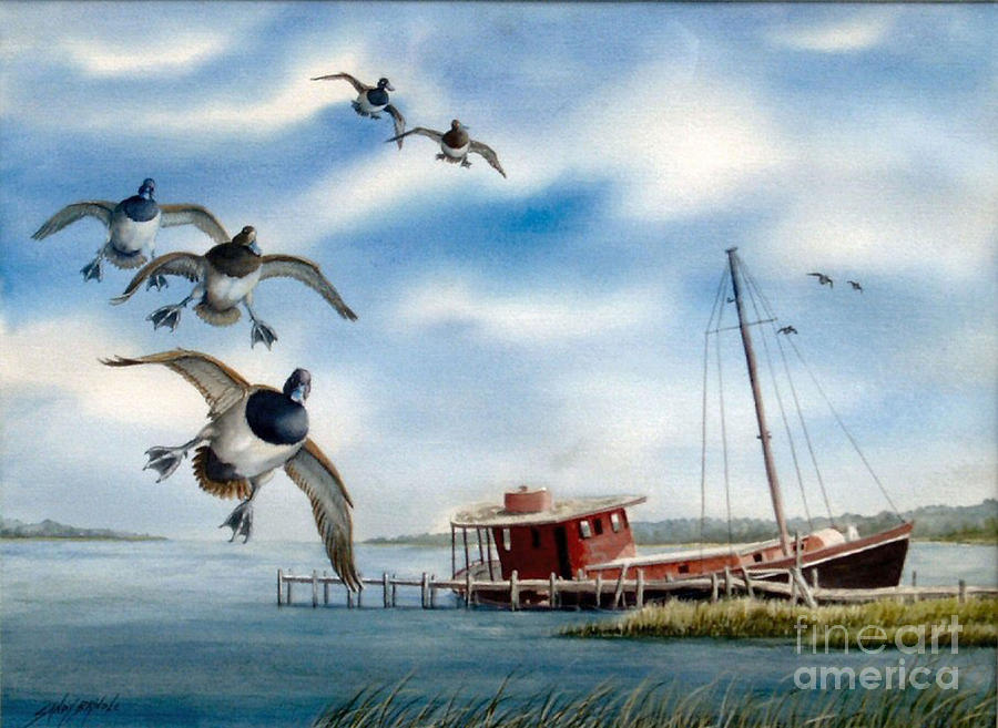 Bluebills Over Beaufort  SOLD Painting by Sandy Brindle