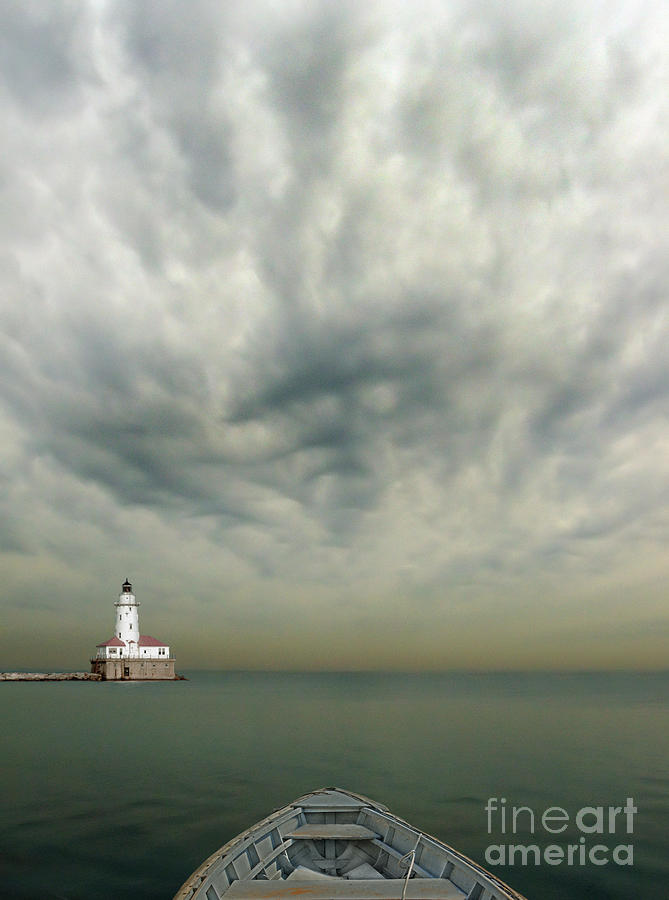 Boat On Calm Sea With Stormy Sky And Lighthouse Photograph by Jill Battaglia
