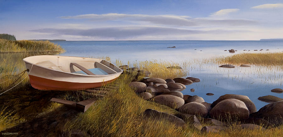 Boat resting on shoreline Painting by Cliff Wassmann