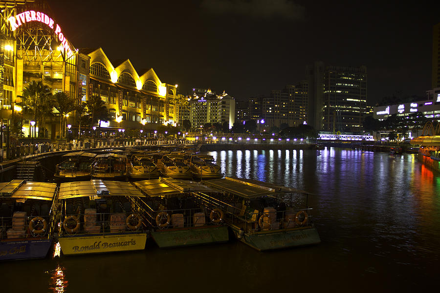 Lamp Photograph - Boats moored to the side at Clarke Quay in Singapore by Ashish Agarwal