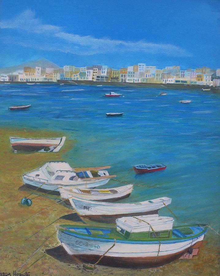 Boat Painting - Boats on Lanzorote Shore by Noreen Hegarty
