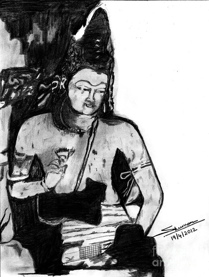 Portrait Drawing - Bodhisatva Ajantha Cave Painting by Shashi Kumar