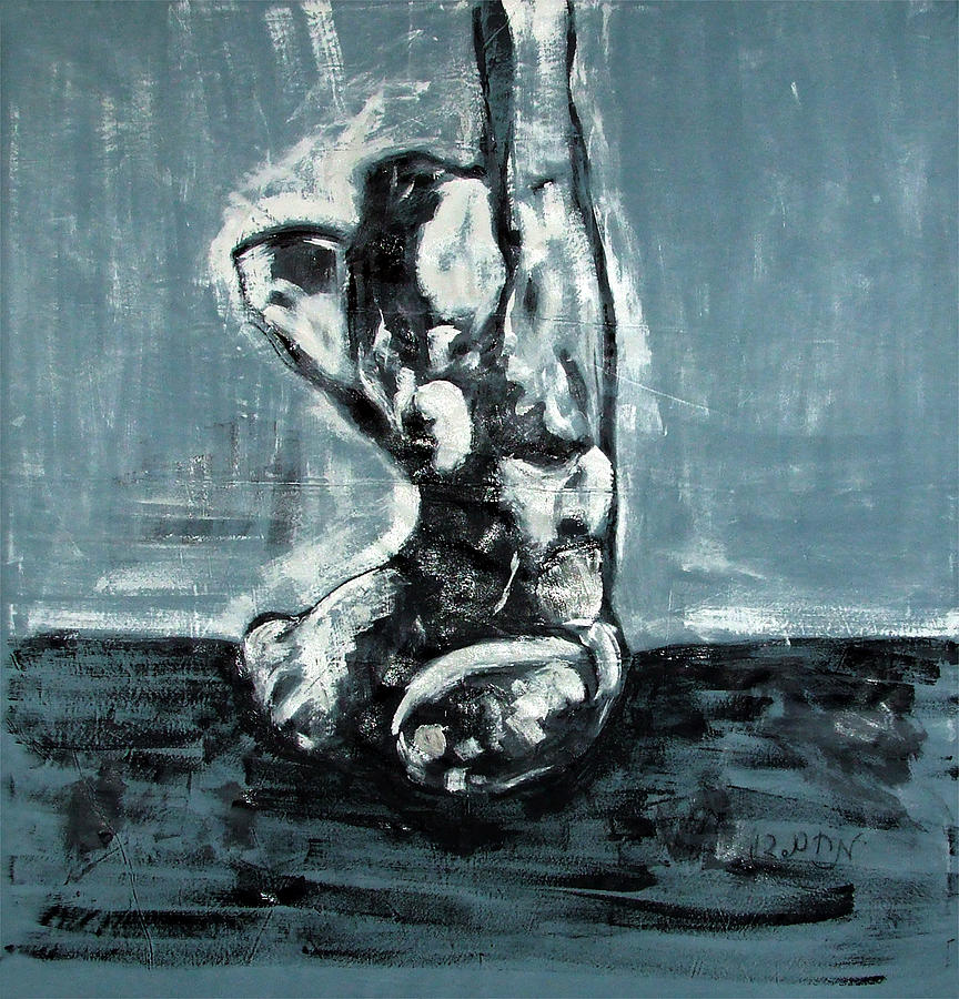 Bold Expressionistic Figure Painting of Nude Female Reaching Upward to the Sky with Her Arm in BW Painting by MendyZ M Zimmerman