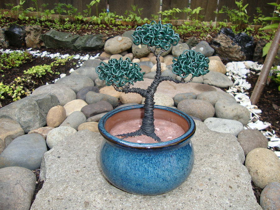 Tree Sculpture - Bonsai Tree Small Round Planter Blue by Scott Faucett