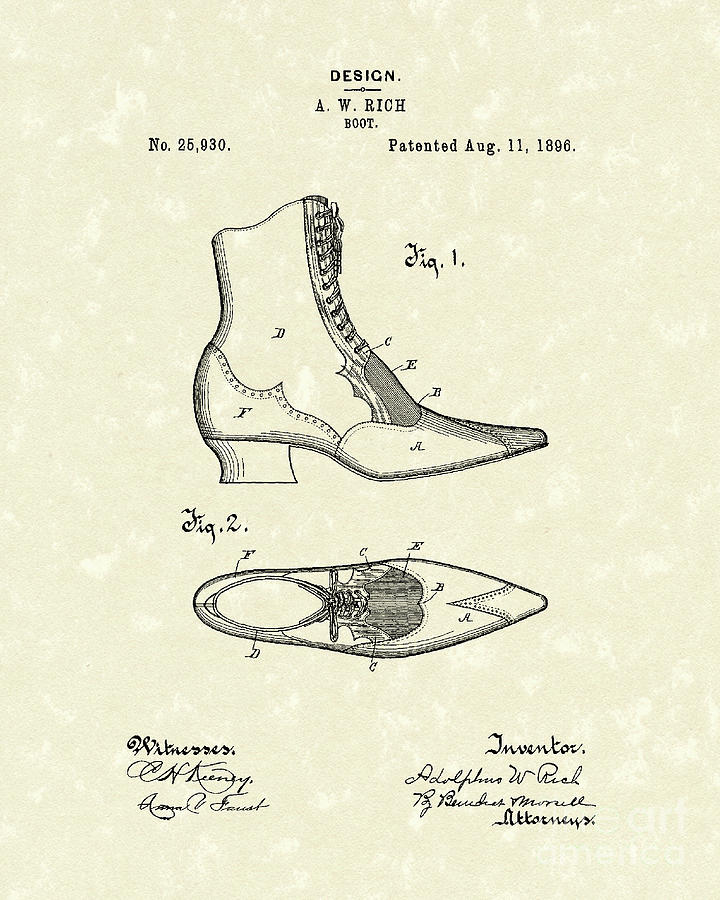 Boot Design 1896 Patent Art Drawing by Prior Art Design