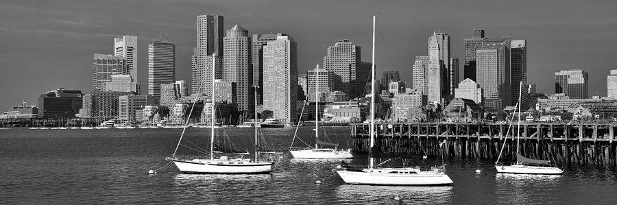Boston Skyline Photograph - Boston Skyline in Early Morning Black and White Panorama Harbor Sail Boats by Jon Holiday