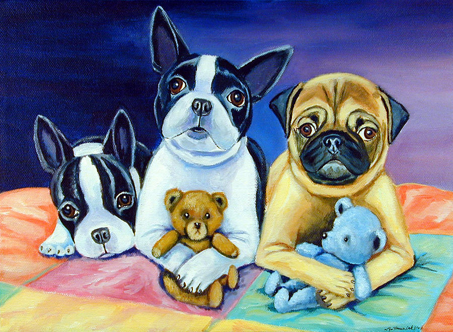 Animal Painting - Boston Terrier and Pug puppies PJ Party by Lyn Cook