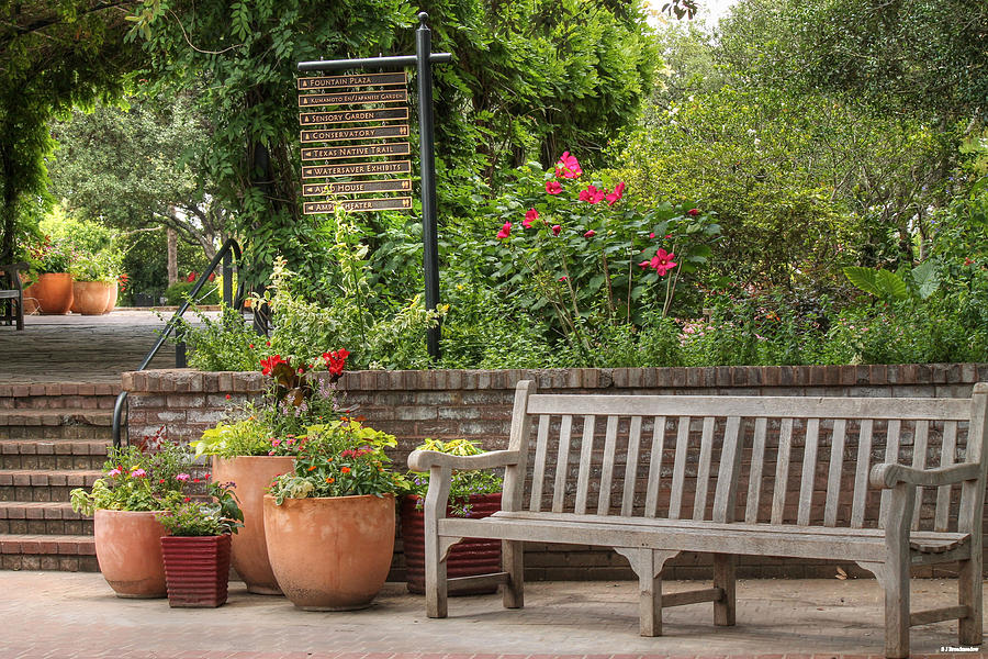 Flower Photograph - Botanical Gardens Bench and Flower Pots by Sarah Broadmeadow-Thomas