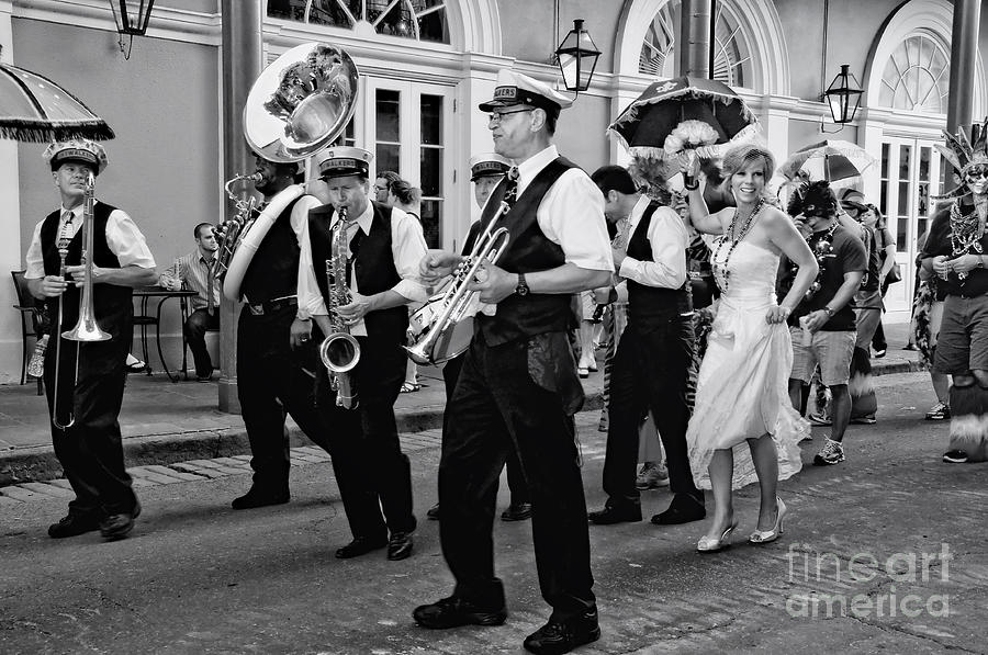 Musician Photograph - Bourbon Street Second Line Wedding New Orleans in black and white by Kathleen K Parker
