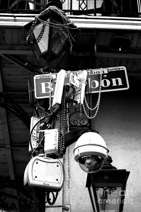 Bourbon Street Sign and Lamp Covered in Beads Black and White Ink Outlines Digital Art Digital Art by Shawn OBrien