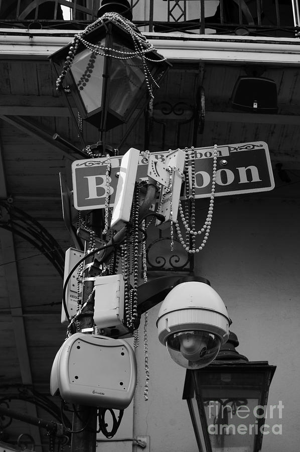 New Orleans Digital Art - Bourbon Street Sign and Lamp Covered in Beads Black and White by Shawn OBrien