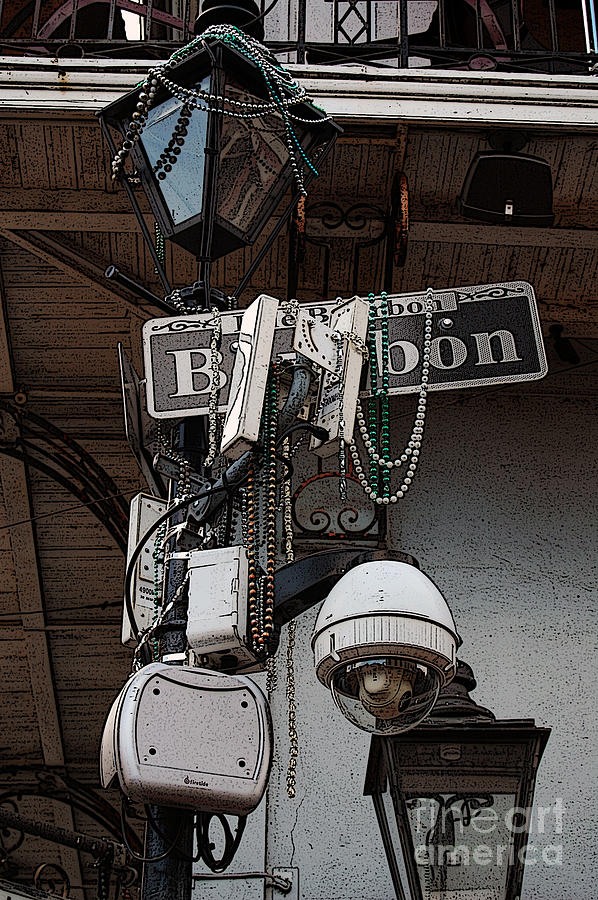 New Orleans Digital Art - Bourbon Street Sign and Lamp Covered in Beads Poster Edges Digital Art by Shawn OBrien