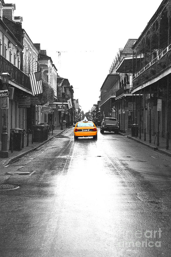 New Orleans Photograph - Bourbon Street Taxi French Quarter New Orleans Color Splash Black and White Film Grain Digital Art by Shawn OBrien