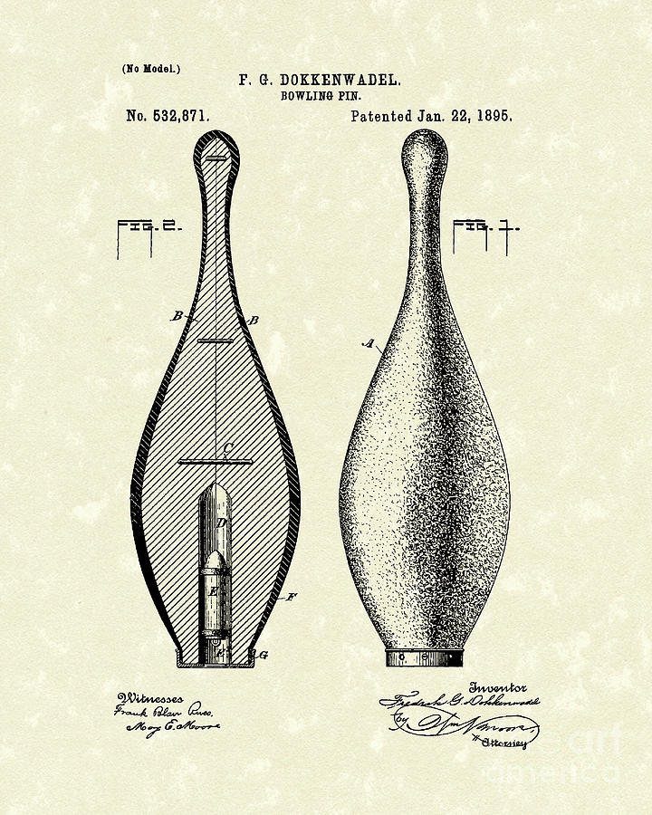 Bowling Pin 1895 Patent Art Drawing by Prior Art Design
