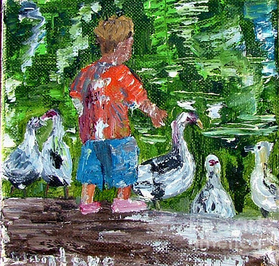 Duck Painting - Boy And Ducks by Inna Montano