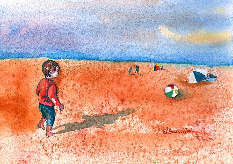 Landscape Painting - Boy at Beach Playing and Chasing Ball by Sharon Mick