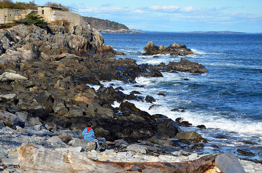 Boy on Shore Rocky Coast of Maine Photograph by Maureen E Ritter