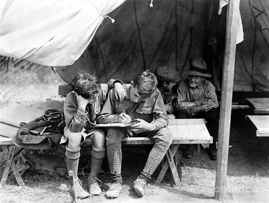 Boy Scouts Writing Home Photograph by Granger