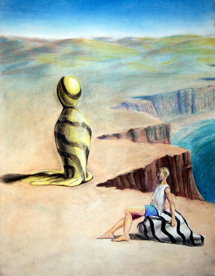 Surrealism Drawing - Boy Startled by the Future by Howard Bosler
