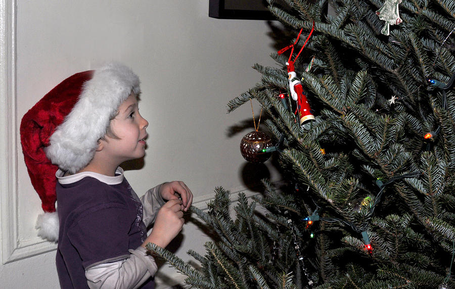 Boy trimming the Christmas tree Photograph by Diane Lent