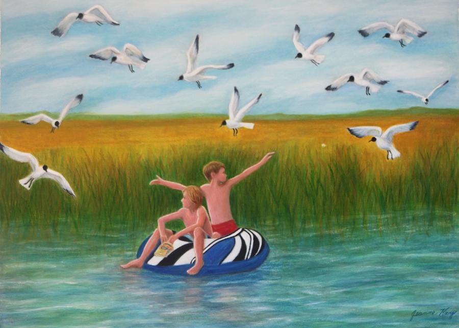Boys Sharing with Laughing Gulls Painting by Jeanne Juhos