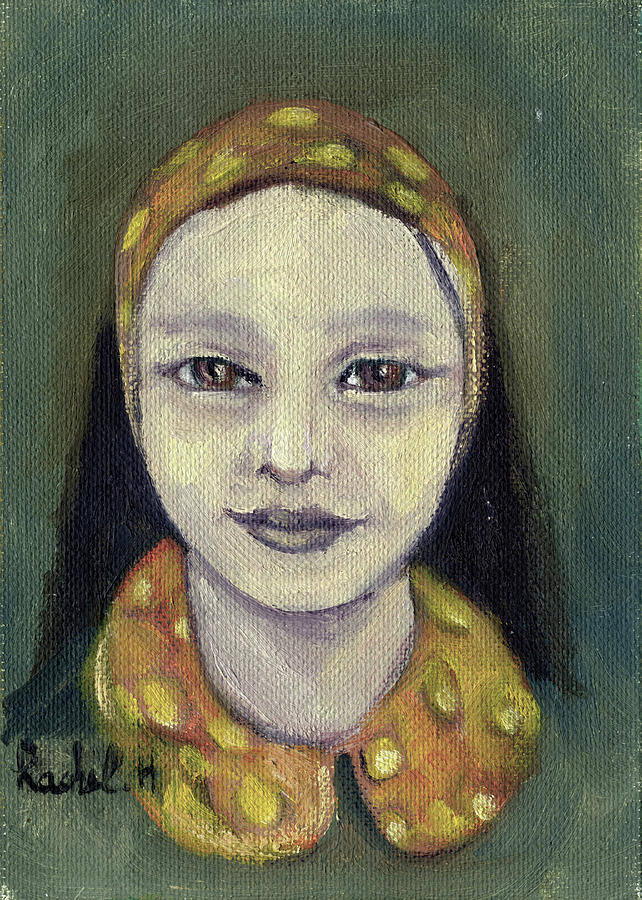 Bright moon face with orange dots ribbon and collar dark green background long black hair big eyes Painting by Rachel Hershkovitz