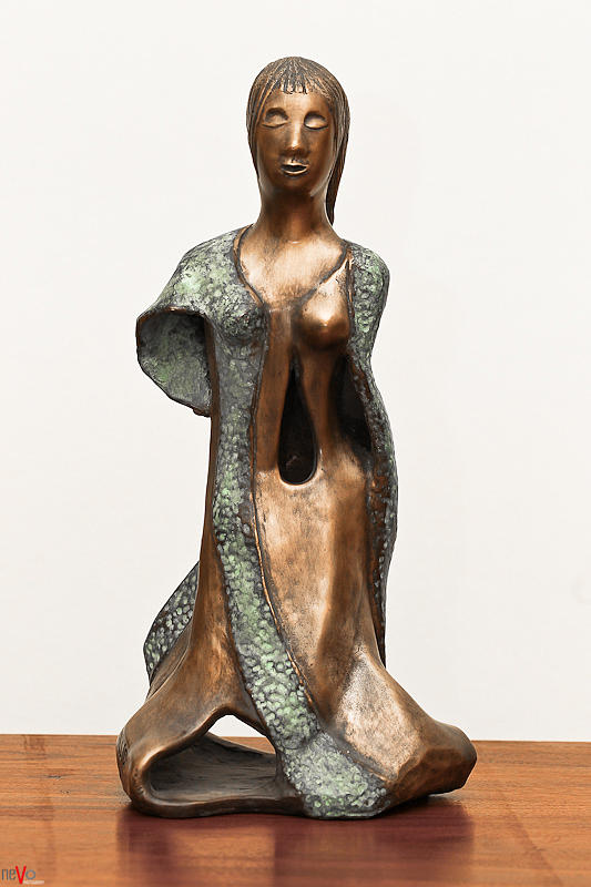 Bronze Hollow Lady in Gown Front sculpture in bronze and copper green long hair  Sculpture by Rachel Hershkovitz
