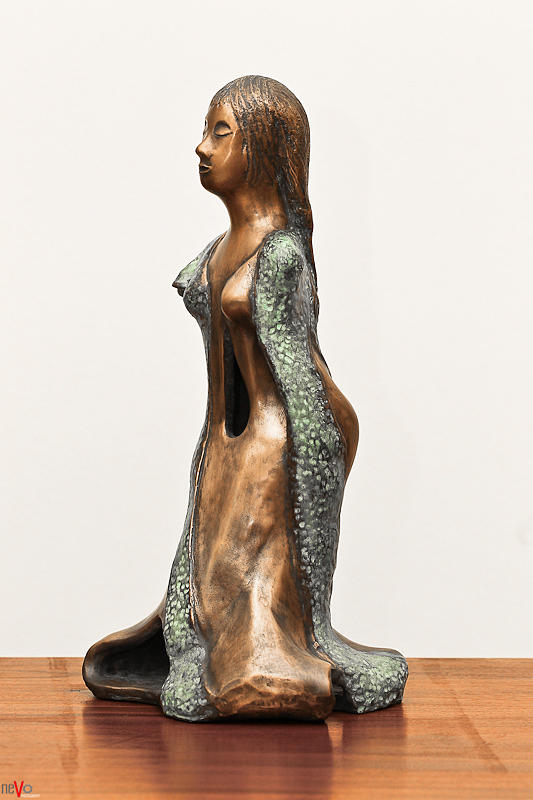 Bronze Hollow Lady in Gown Left View 3 sculpture in bronze and copper green long hair Sculpture by Rachel Hershkovitz