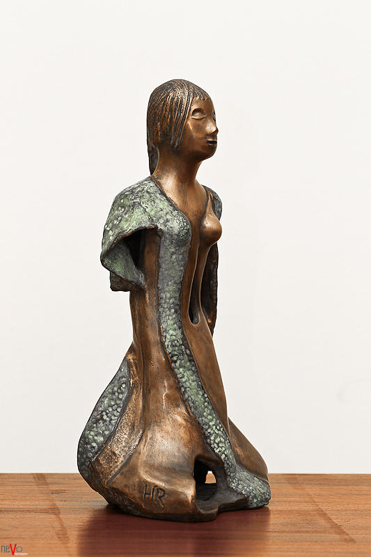 Bronze Hollow Lady in Gown Right View 2 sculpture in bronze and copper green long hair  Sculpture by Rachel Hershkovitz