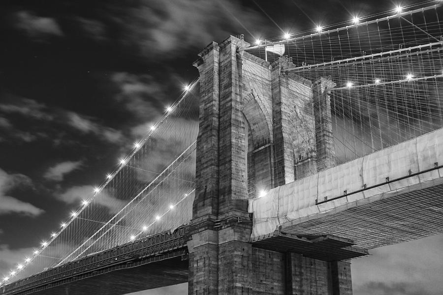 Brooklyn Bridge Photograph - Brooklyn Bridge at Night - Monocrome by Alex AG