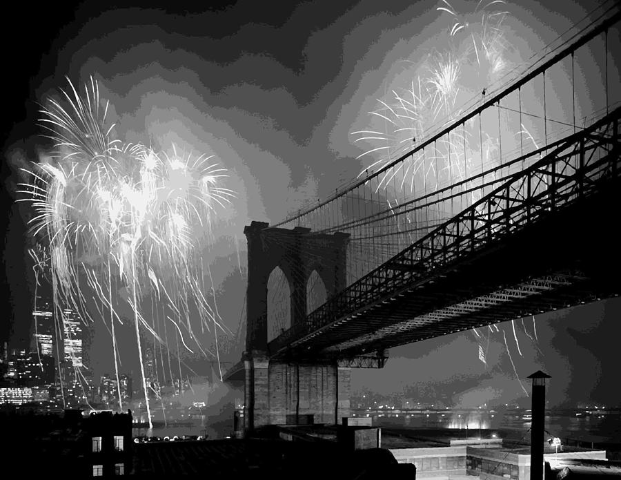 Brooklyn Bridge Fireworks BW16 Photograph by Scott Kelley