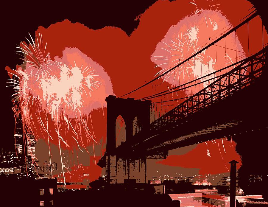 Brooklyn Bridge Fireworks Color 6 Photograph by Scott Kelley