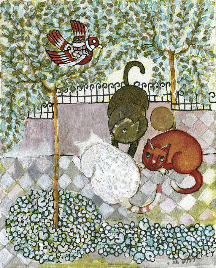 Brown and white alley cats consider catching a bird in the green garden Painting by Rachel Hershkovitz