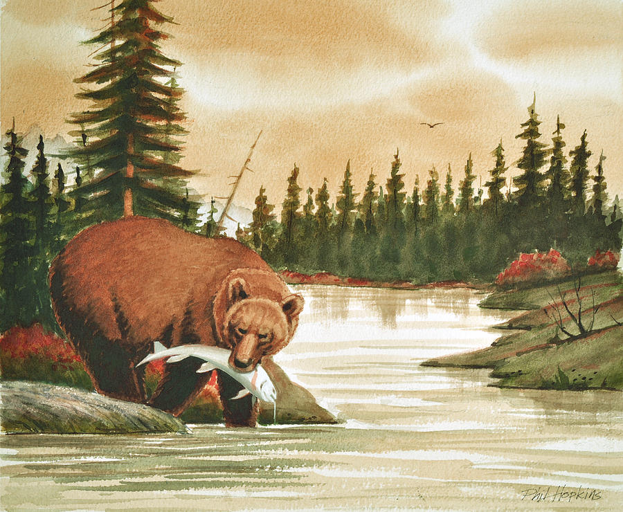 Salmon Painting - Brown Bear catching Salmon by Phil Hopkins