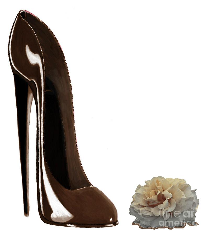 Rose Digital Art - Brown Stiletto Shoe and Sepia Rose by Ckeen Art