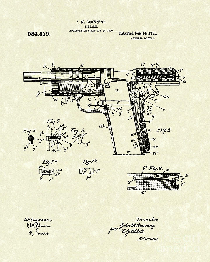 Browning Handgun 1911 Patent Art Drawing by Prior Art Design