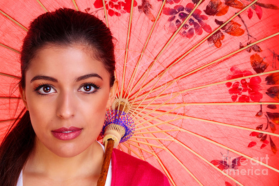 Flower Photograph - Brunette woman woth chinese umbrella by Richard Thomas
