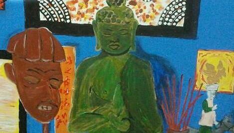 Buddha Painting - Buddha And Tribal Mask by Julie Butterworth