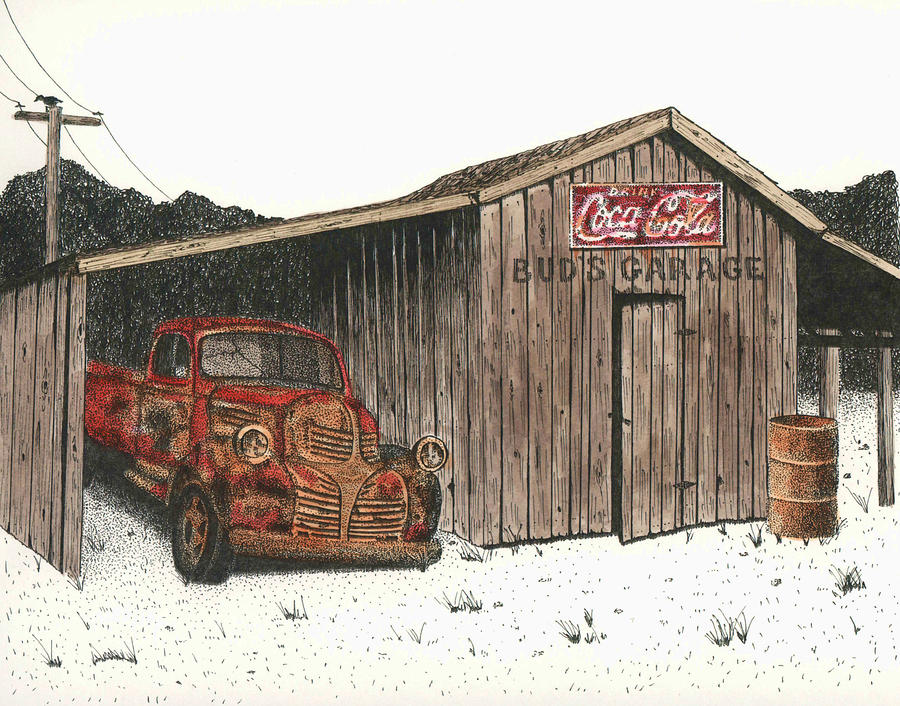 Vintage Drawing - Buds Garage by Mike OBrien
