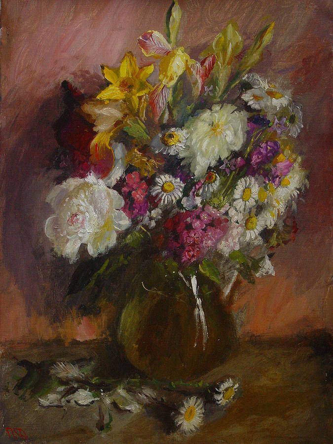 Daisy Painting - Bunch of flowers with a peony by Peter Fokeev