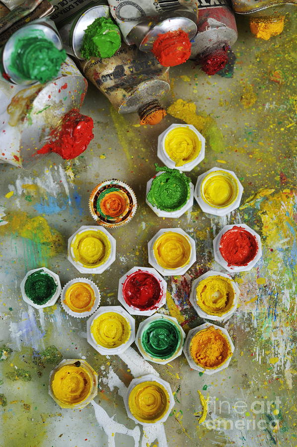 Variation Photograph - Bunch of opened paint tubes on palette by Sami Sarkis
