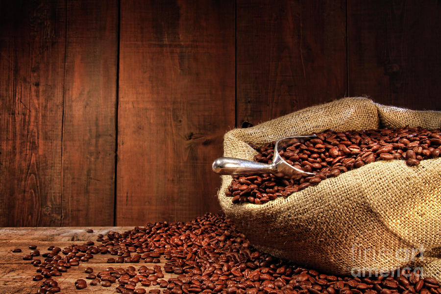 Burlap sack of coffee beans against dark wood Photograph by Sandra Cunningham