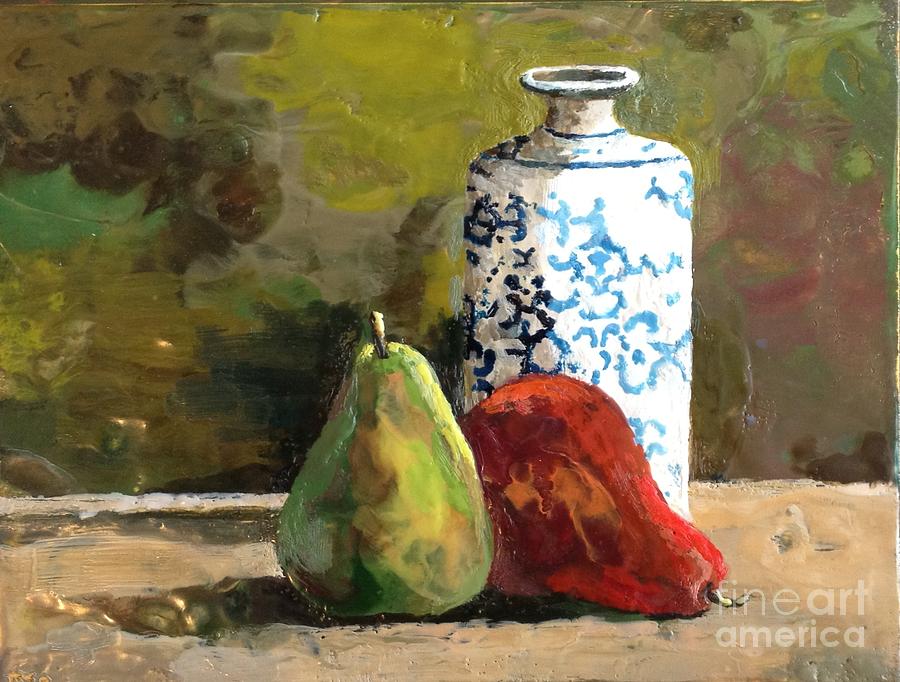 Burnished Pears with Vase Painting by Ruth Stromswold