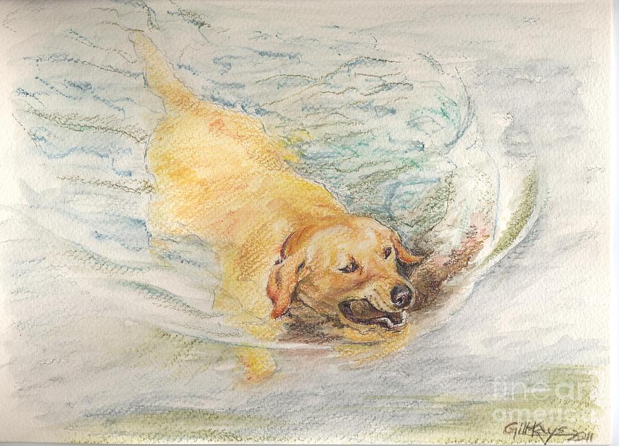 Dog Painting - Buster with stick by Gill Kaye